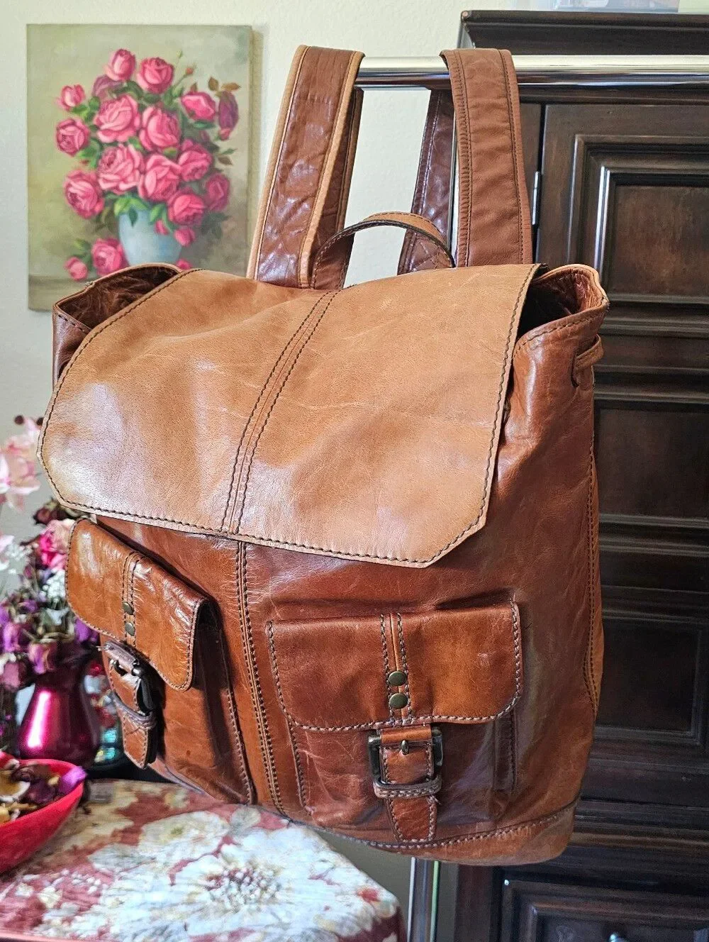Vintage Fossil Chestnut Brown Leather Backpack
